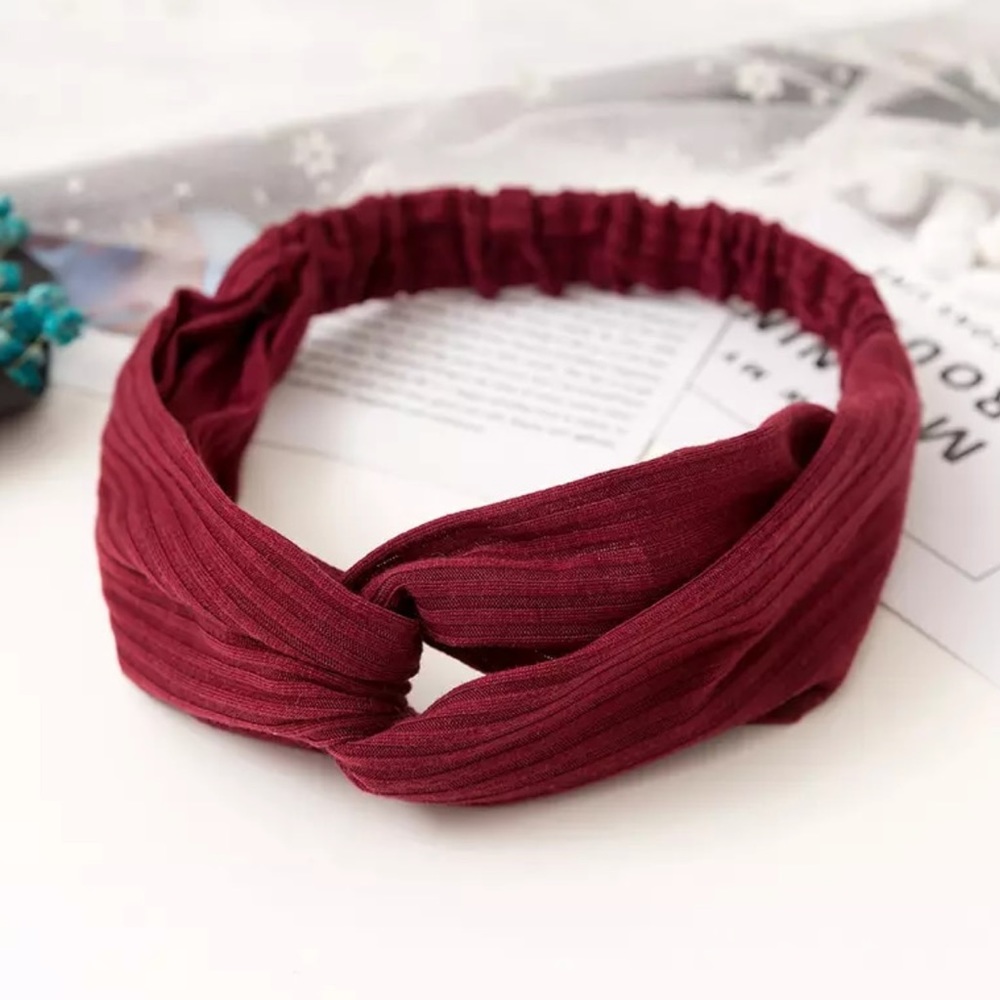 Wine Red Ribbed Cross Knot Elastic Headband